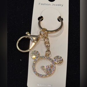 BAG CHARM Mint Gold Tone Iridescent Crystal Mickey Ears Keychain 4 inch